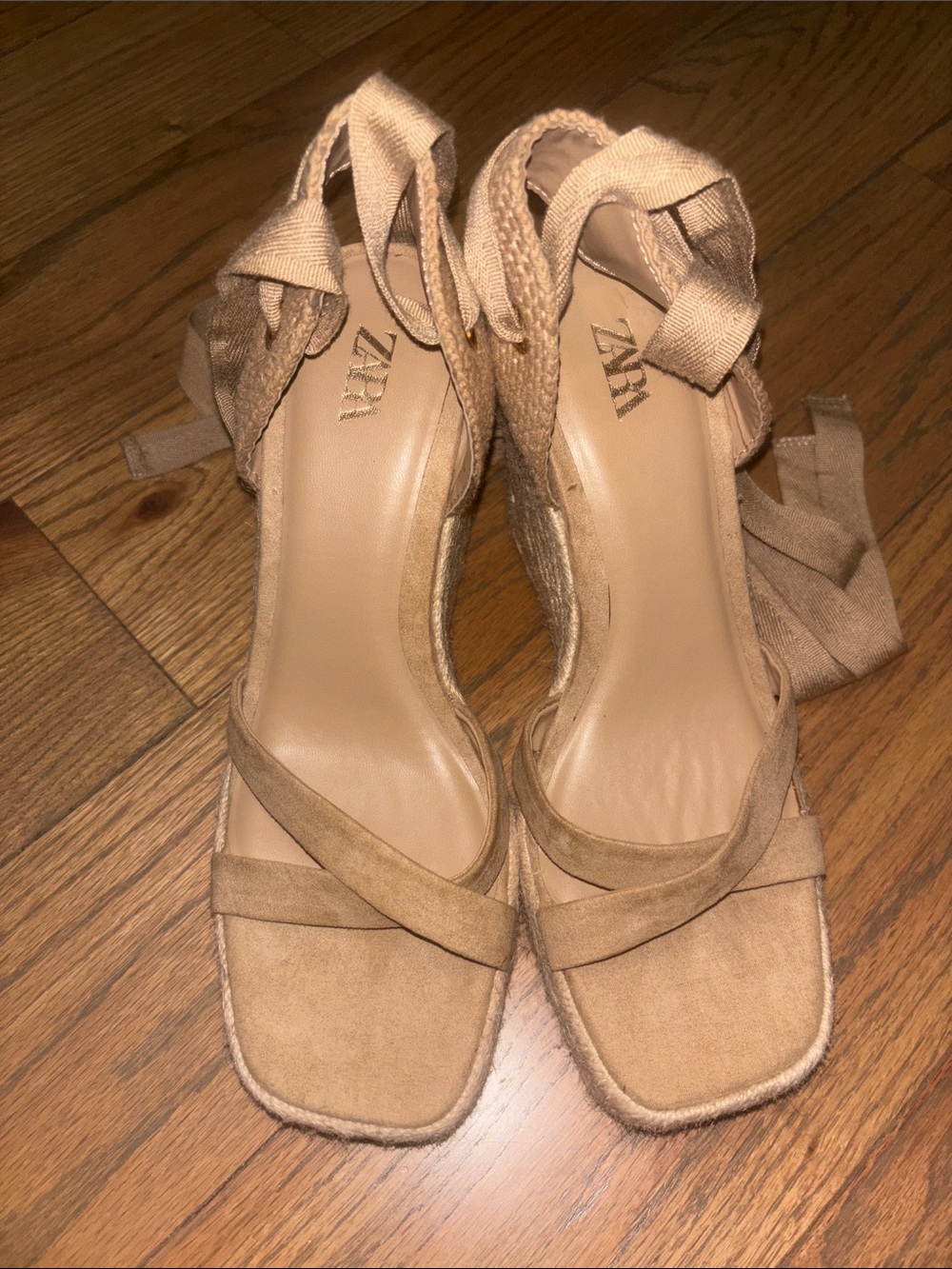 ZARA Neutral Beige Wrap-Ankle Espadrille Sandals